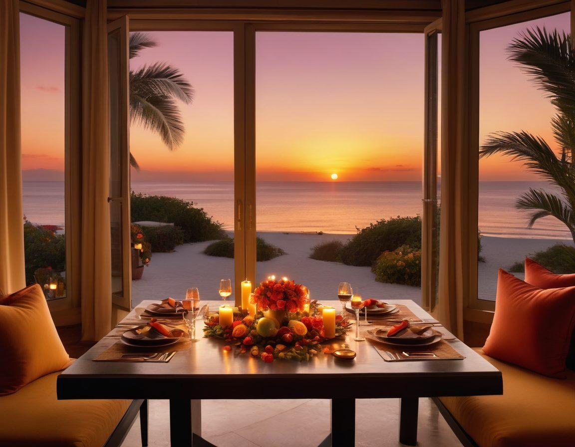 A serene, candle-lit room adorned with rich fabrics and plush cushions, featuring a beautifully set dining table for two with gourmet dishes and fine wine. Outside, a view of a sunset over a tropical beach can be seen through large windows, adding a romantic ambiance. Surrounding elements like soft petals and luxurious decor enhance the intimacy of the scene. super-realistic. warm colors. elegant atmosphere.