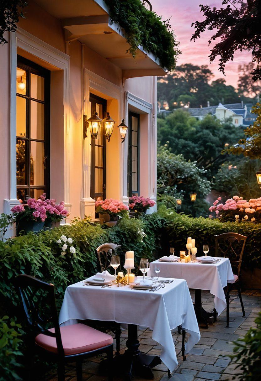 A serene and opulent Georgian terrace at sunset, adorned with romantic candlelit tables for two, surrounded by lush greenery and blooming flowers. Soft, warm lighting illuminates the terrace's elegant architecture, creating an inviting atmosphere. Two wine glasses and a beautiful meal set for a couple can be seen in the foreground, evoking a sense of romance and escape. The sky is painted with pastel colors, enhancing the dreamy ambiance. super-realistic. vibrant colors. soft focus.