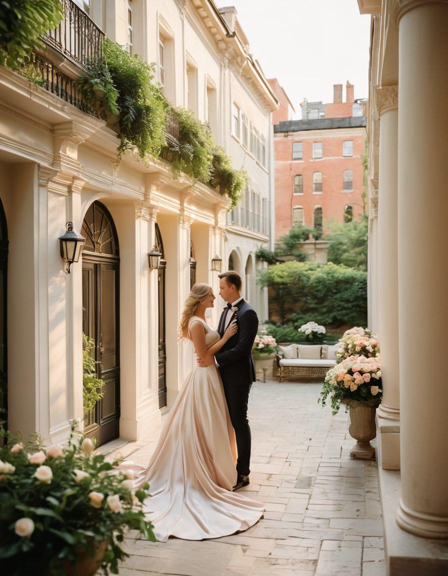 A breathtaking view of the Georgian Terrace, showcasing a romantic couple on their honeymoon, surrounded by soft pastel colors and lush greenery. The sun sets behind the terrace, casting a warm golden glow on their happy faces, while elegant architecture frames the scene. Add subtle hints of luxury, like champagne glasses and beautiful floral arrangements, to enhance the romantic atmosphere. super-realistic. vibrant colors.